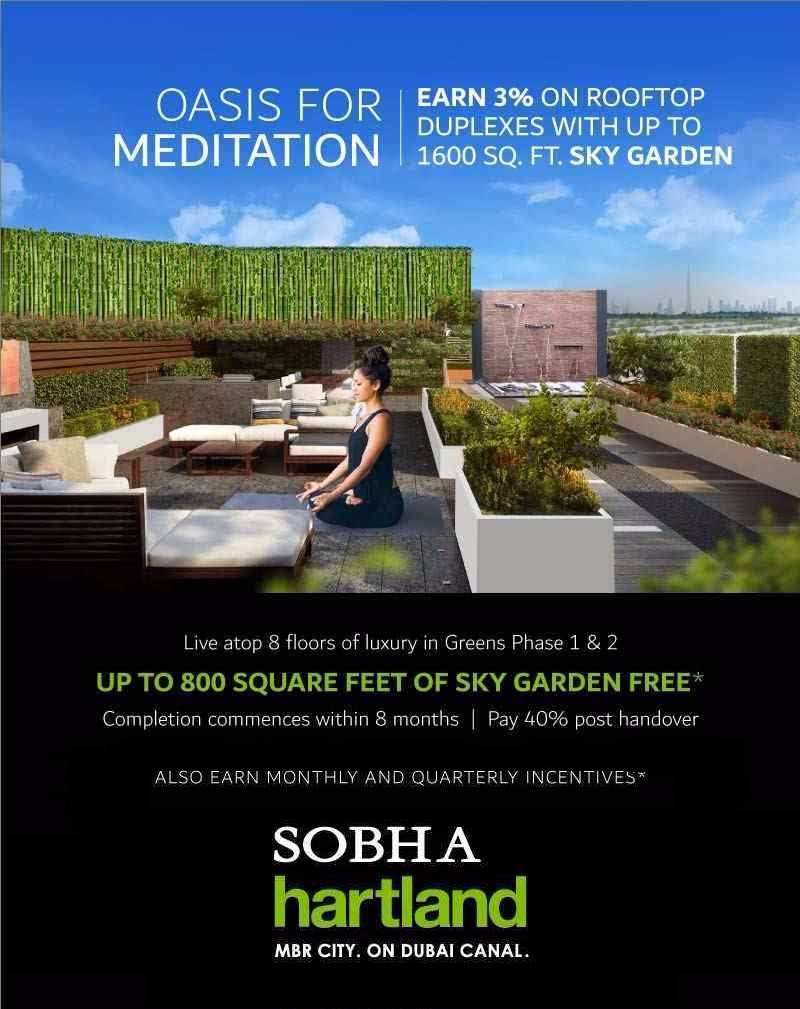 Oasis for meditation on the roof top duplexes with your own Sky Garden at Sobha Hartland, Dubai Water Canal Update